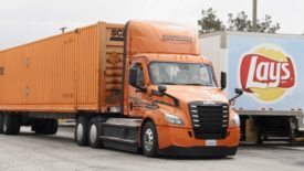 Frito-Lay's first third-party shipment on an electric vehicle arrives at its Rancho Cucamonga plant, transported by Schneider's Freightliner eCascadia electric truck.