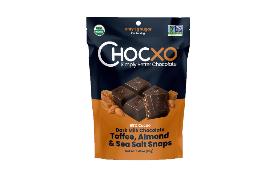 Chocxo launches Dark Milk Chocolate Toffee, Almond, & Sea Salt Snaps at Sweets & Snacks Expo