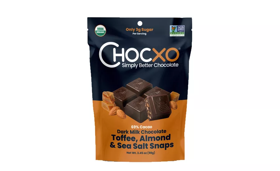 Chocxo launches Dark Milk Chocolate Toffee, Almond, & Sea Salt Snaps at Sweets & Snacks Expo