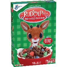 A box of cereal with a cartoon reindeer

Description automatically generated
