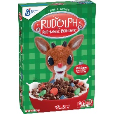 A box of cereal with a cartoon reindeer
Description automatically generated