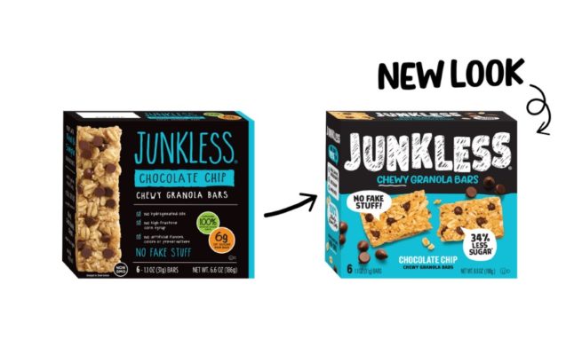 Old and new packaging for JUNKLESS granola bars