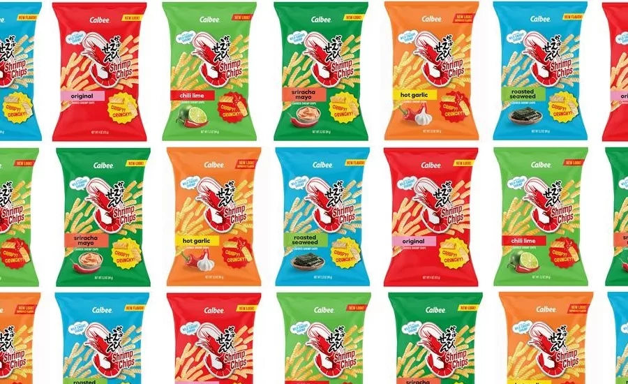 Assorted packages of Calbee Shrimp Chips