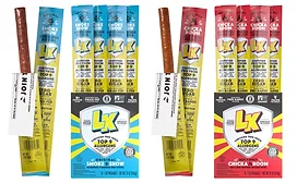 Cartons and packages of LK Snacks meat sticks
