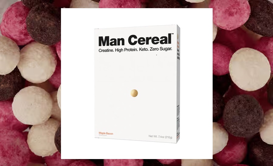 Box of Man Cereal in front of multicolored background