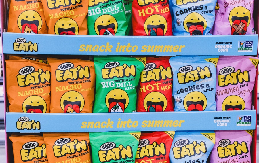 Bags of Good Eat'n snacks on display