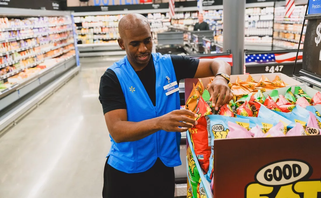 NBA player Christ Paul with Good Eat'n snack display at Walmart