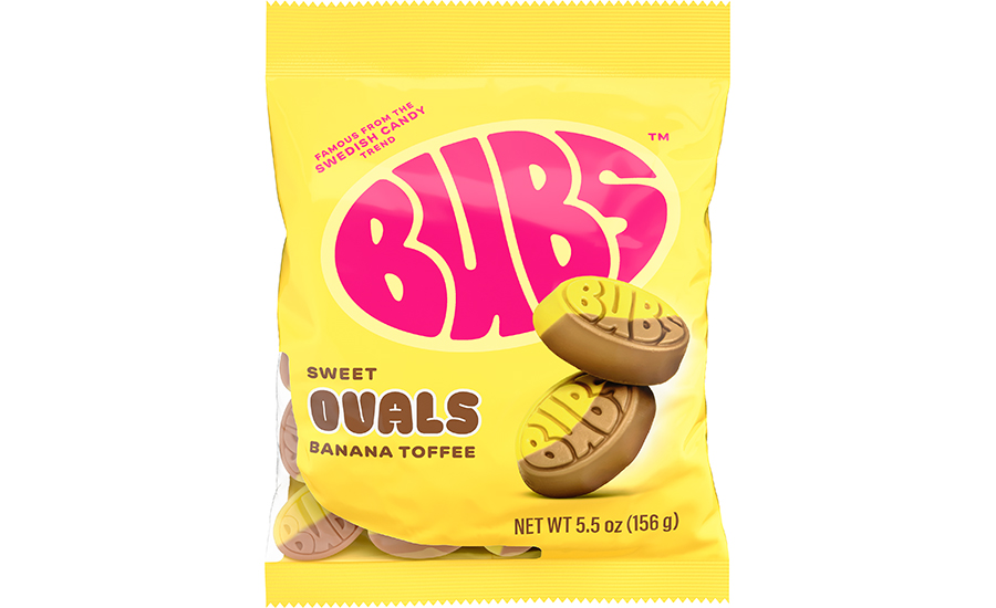 Bubs Sweet Ovals Banana Toffee in a brown and yellow bag with pink lettering.