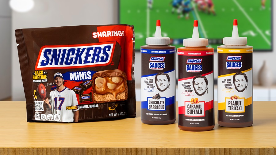 Pouch of Josh Allen Snickers Minis next to three sauces