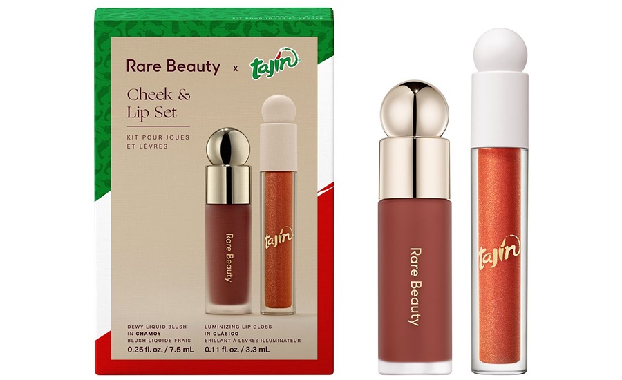 Packages of Tajin-branded Rare Beauty lip products