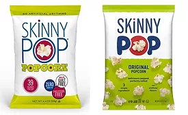 Two bags of SkinnyPop popcorn, old and redesigned