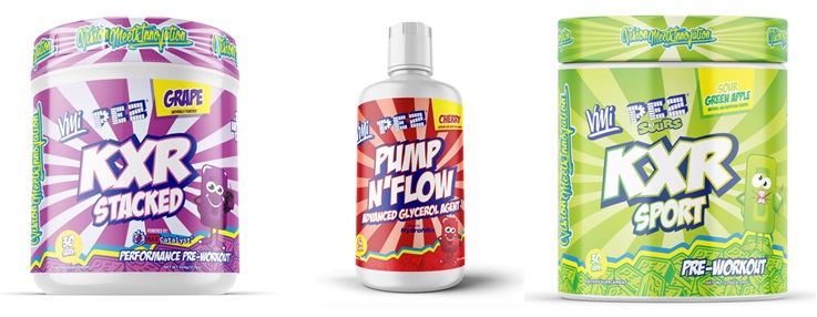 Three containers of PEZ-branded sports nutrition products