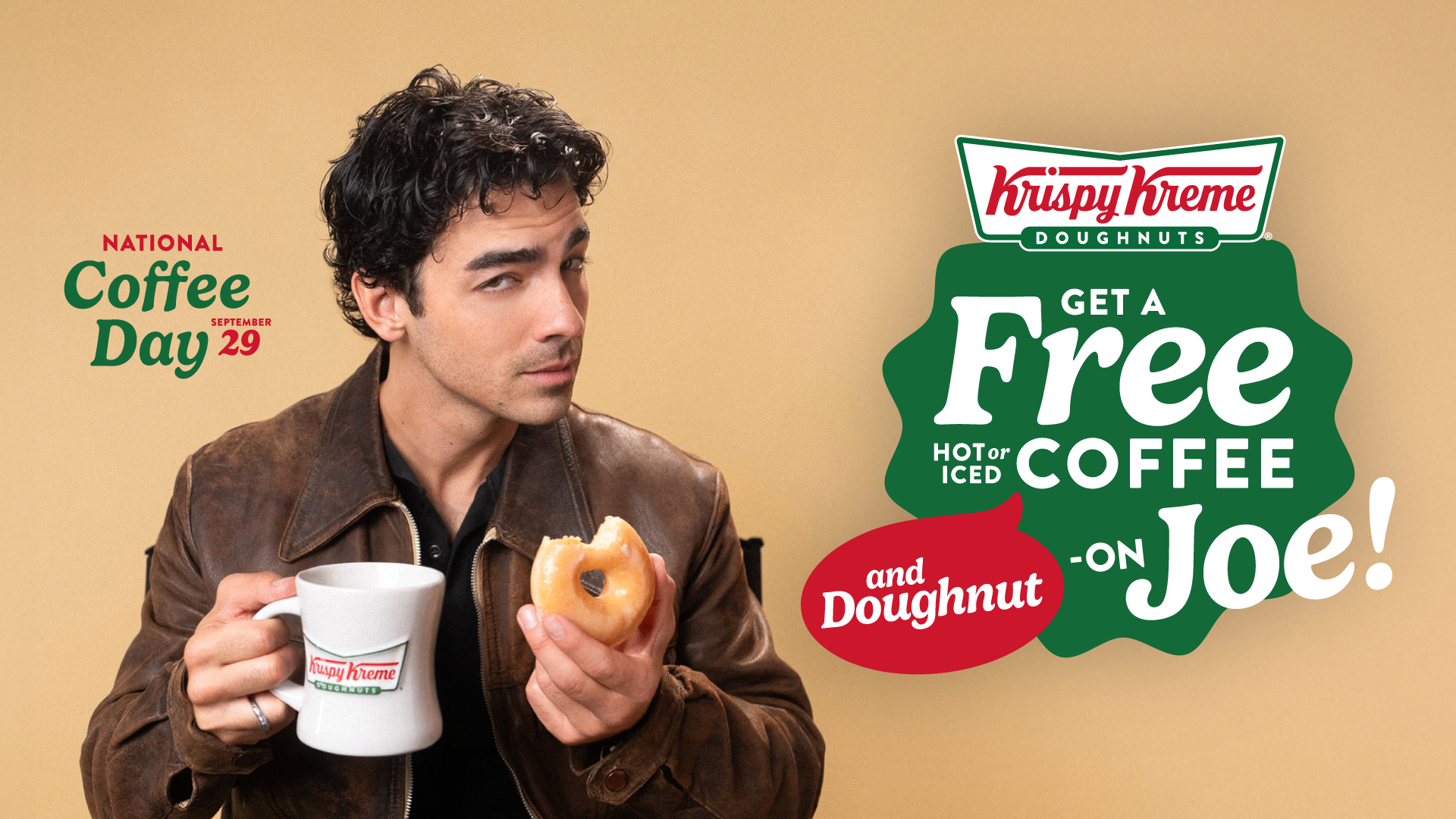 Singer Joe Jonas holding a doughnut and coffee