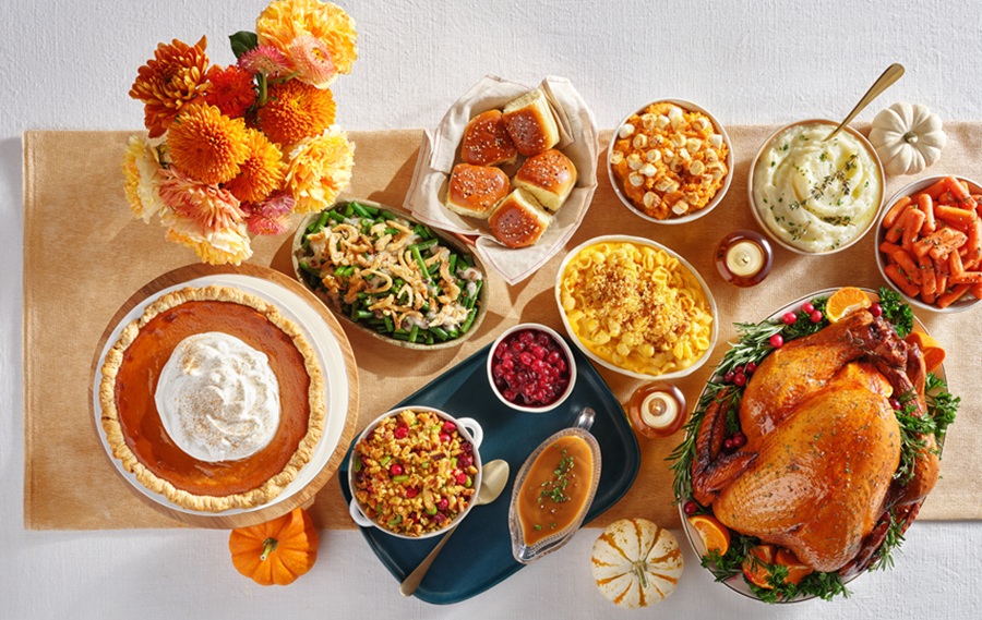 Thanksgiving dinner table shot from overhead