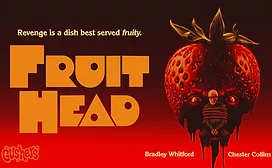 Movie ad featuring a scary strawberry on a red background