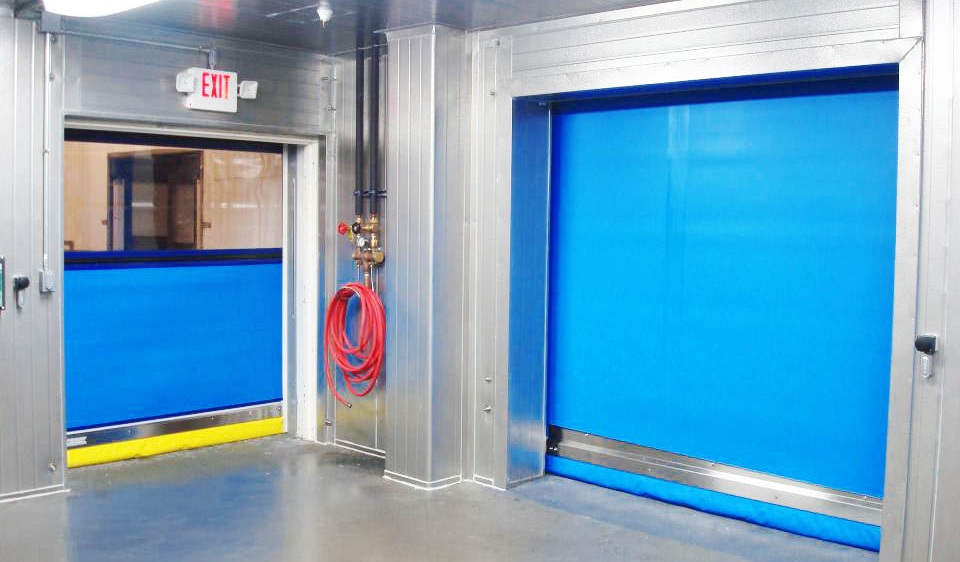 Blue washdown Rytec door in a facility