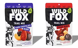 Two pouches of Wild Fox Foods fruity trail mixes