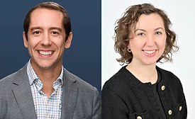White man in suit, woman in black on different backgrounds
