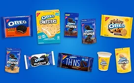 Group of Oreo-branded products on blue background