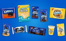 Group of Oreo-branded products on blue background