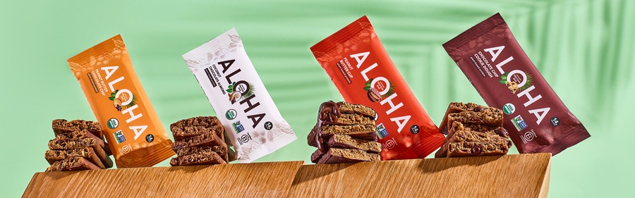 Four Aloha bars on green background