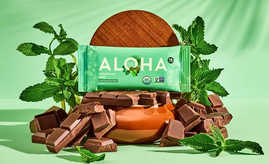 Chocolate Mint Aloha bar on green background