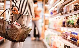 Woman shown from the neck down holding grocery handbasket