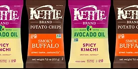 Bags of Kettle Brand buffalo and kimchi potato chips