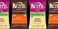 Bags of Kettle Brand buffalo and kimchi potato chips