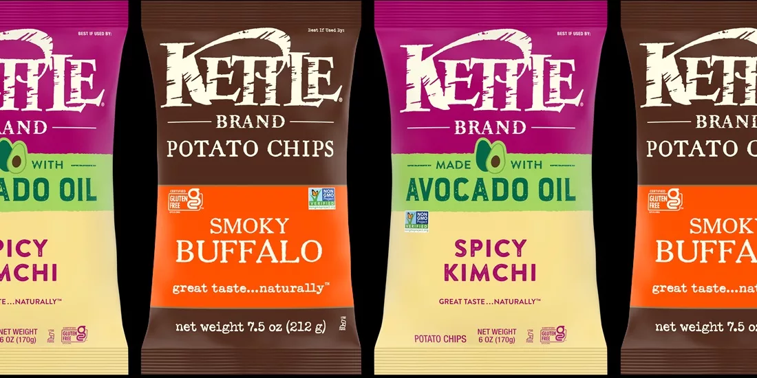Bags of Kettle Brand buffalo and kimchi potato chips