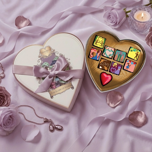 A heart shaped box with a ribbon and a candle
AI-generated content may be incorrect.