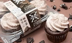 Clamshell container of Antonina's cookies and cream cupcakes