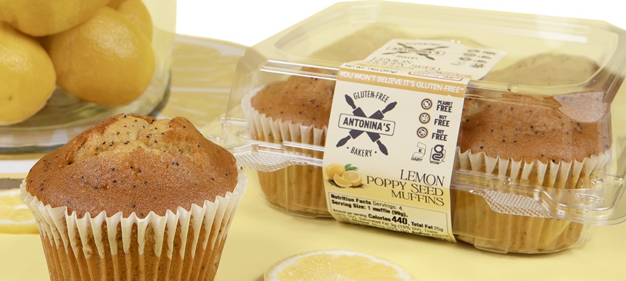 Clamshell container of Antonina's lemon poppyseed muffins