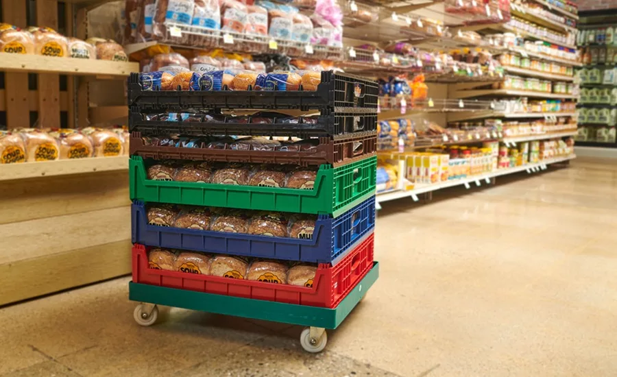 Multicolored bakery trays in a grocery store