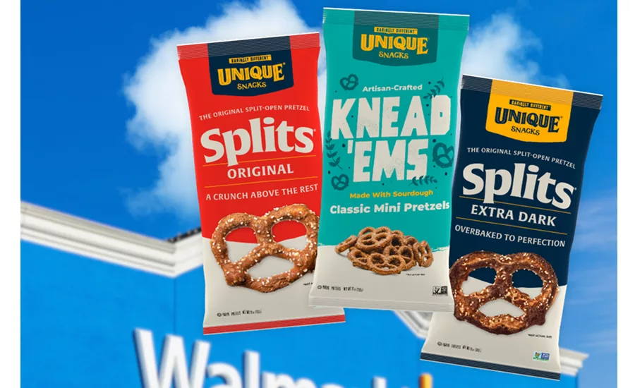 Three bags of Unique Snacks pretzels on blue background