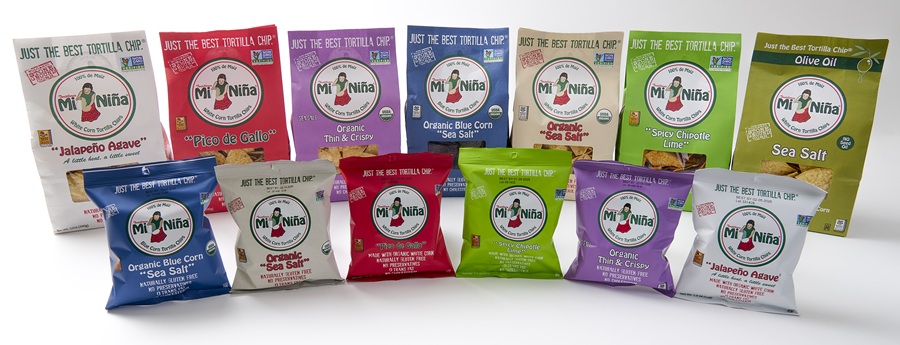 Several multicolored bags of Mi Niña Tortilla Chips