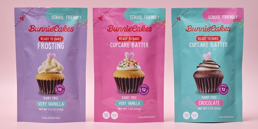 Three pouches of Bunnie Cakes ready-to-bake cupcake products