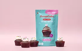 Pouch of Bunnie Cakes cupcake batter with pink background