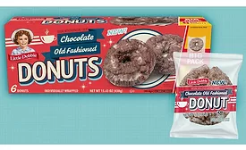 Red carton and single-serve pack of Little Debbie Chocolate Old Fashioned Donuts