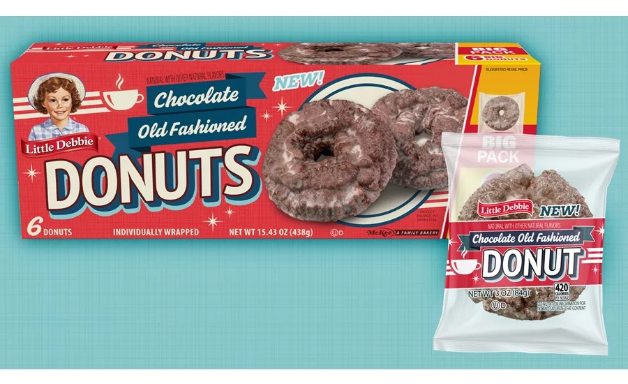 Red carton and single-serve pack of Little Debbie Chocolate Old Fashioned Donuts