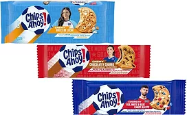 Three colorful packages of Chips Ahoy with soccer stars