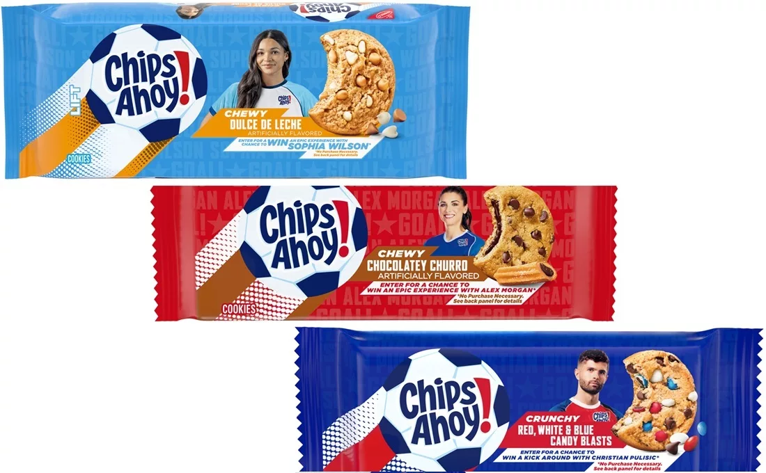 Three colorful packages of Chips Ahoy with soccer stars