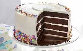 Chocolate layer cake with white frosting and sprinkles on cake stand