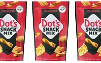 Three pouches of Dot's Original Snack Mix next to each other on white background