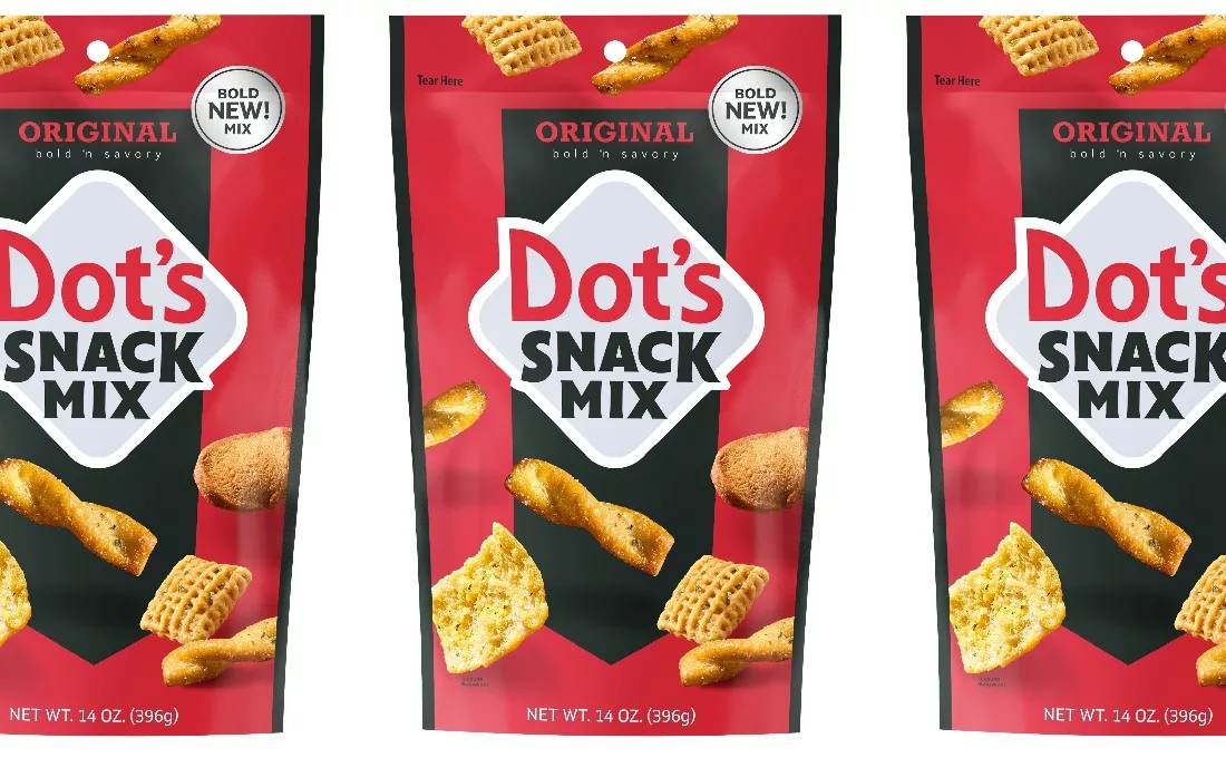 Three pouches of Dot's Original Snack Mix next to each other on white background