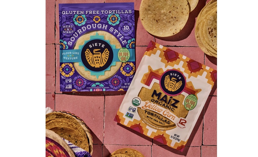 Packages of Siete tortillas on a colorful tabletop