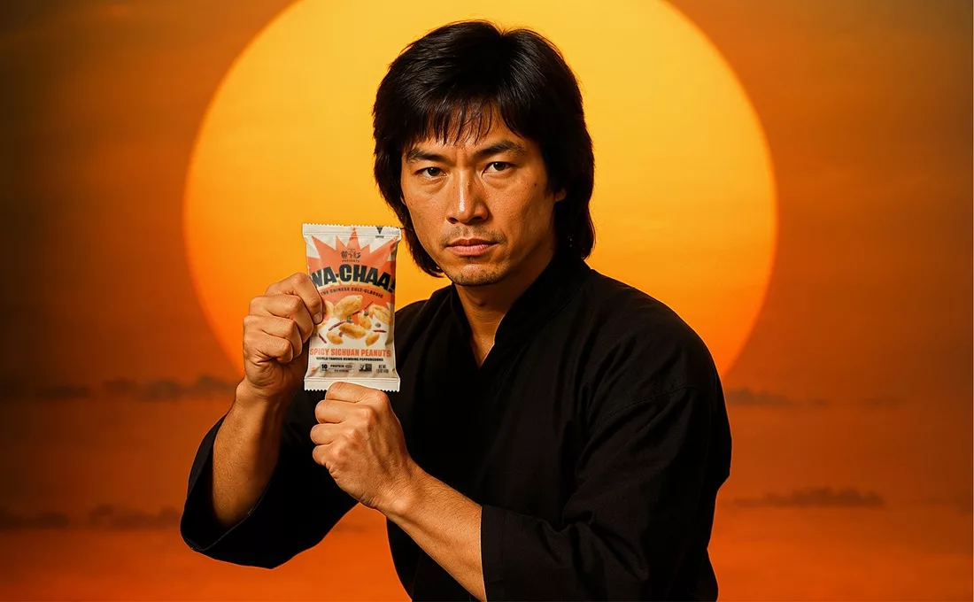 Man of Asian descent holding Wa-Chaa peanuts