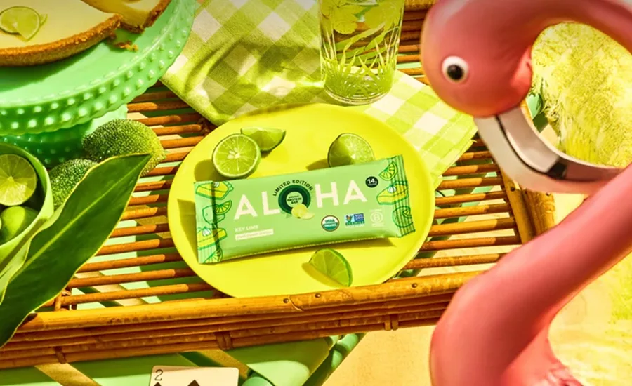 Aloha Key Lime Protein Bar on decorated colorful table