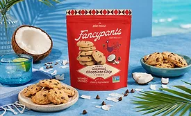 Pouch of Fancypants Coconut Chocolate Chip Cookies on tropical background