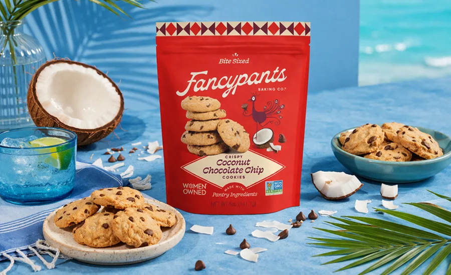 Pouch of Fancypants Coconut Chocolate Chip Cookies on tropical background